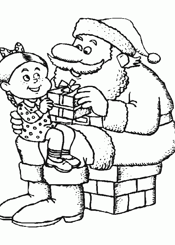 Mikołaj wręcza dziewczynce prezent kolorowanka do druku